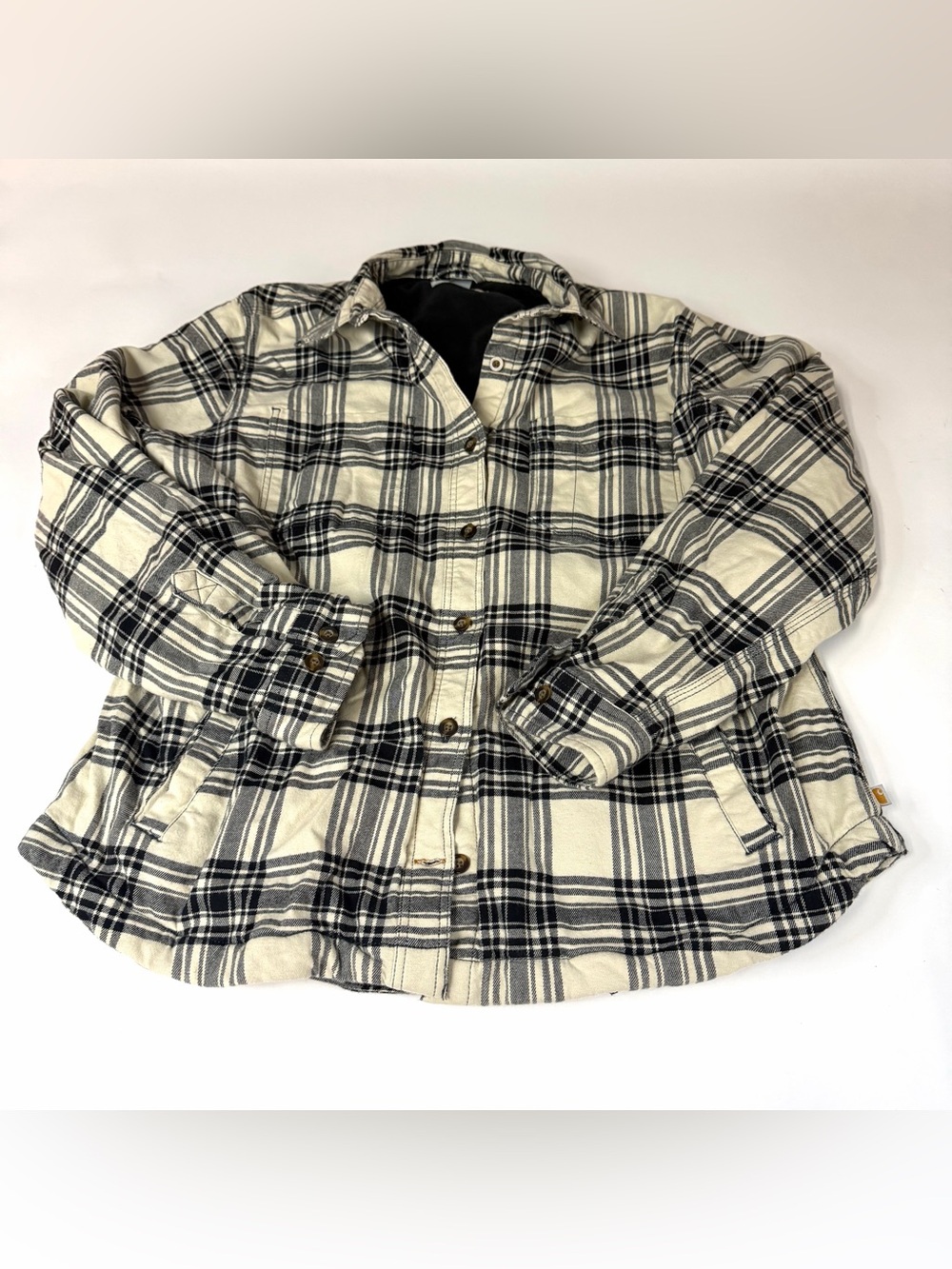 Carhartt Women’s Size Large Button Down Shacket Jacket Fleece Lined Plaid Black